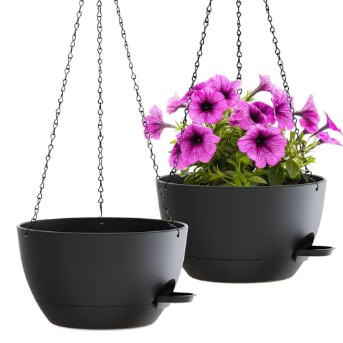 WOUSIWER Self Watering Hanging Planters, 2 Pack 12'' Plastic Pots with Drainage Holes & Reservoir Tray (Black) | Indoor & Outdoor Use for Ferns, Ivy, Herbs, Succulents - color: Black, size: 2 Pack 12 inches
