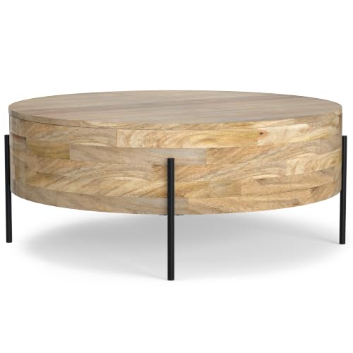 SIMPLIHOME Rayburn 38" Wide Solid Mango Wood Drum Coffee Table in Natural | Modern industrial coffee table with black metal legs and a large surface; round cocktail table or center table. - color: Refined Natural