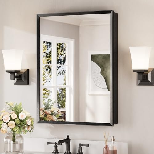 Keonjinn Black Bathroom Medicine Cabinet with Mirror 24x32, Assembly Needed | Stepless Adjustable Shelves, Lightweight Aluminum, Rust-Resistant, Surface Mount or Recessed Bathroom Mirror with Storage - color: Black, size: 24x32 In