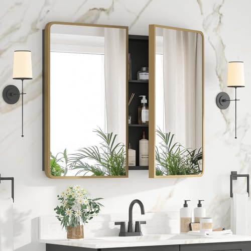 Bathroom Medicine Cabinet with Mirror 24 x 30 Inch, Brush Gold Medicine Cabinet Recessed or Surface Wall-Mounted, Mirrored Cabinets with Sturdy Metal Adjustable Shelves for Bathroom Vanity - color: Gold, size: 24*30inch