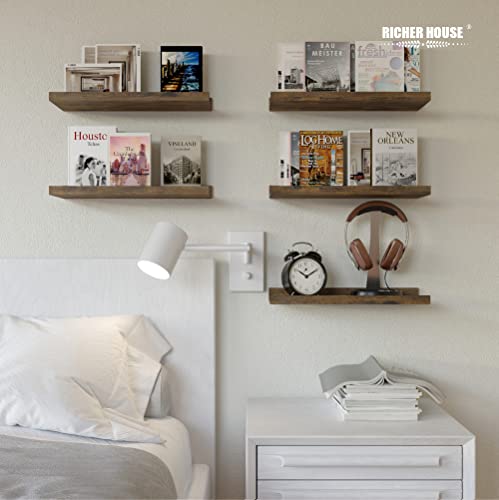 RICHER HOUSE 5-Set Floating Shelves with Lip, Brown Wall Mounted Wood Shelf | Display Picture Ledge Shelf, Anti-drop lip Shelf for Room Wall Decor, Bedroom Bathroom Storage Nursery Books, Easy Setup 16in - color: Brown