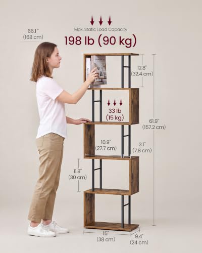 VASAGLE 6-Tier Bookshelf, S-Shaped Wood and Metal Bookcase, Tall Narrow Display Shelf, 15 x 9.4 x 61.9 in, for Living Room Storage, Rustic Brown and Matte Black, Barnet Collection ULLS172KD01 - color: Rustic Brown, style: 6-Tier (15"W)