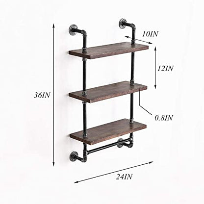 DR.IRON Industrial Pipe Shelving Rustic Bathroom Shelves with Towel Bar, 24" Pipe Shelf Wall Mounted, Farmhouse Bathroom Shelf Storage (3 tier-24) - size: 3-tier shelves