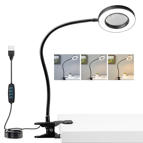 LALISU Clip on Lamp, 5X Magnifying Glass with Light LED Desk Lamp with Clamp Bright Clip Light for Bed Bedside Table, Adjustable Reading Light for Bed, Desk Lights (Black with Magnifying) - color: Black with magnifying