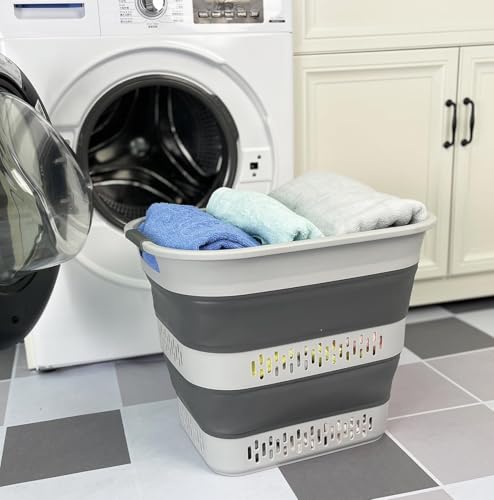 SAMMART 40L (10.5 Gallon) Collapsible Plastic Laundry Basket - Foldable Pop Up Storage Container/Organizer - Portable Laundry Hamper - Space Saving (1, Grey) - color: Grey