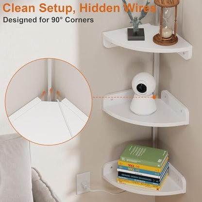 YAOHUOO Corner Shelf Wall Mounted with Light, Set of 3, White | Corner Floating Shelves, Cord Hole for Cable Box, Round End, For Bedroom, Living Room and Kitchen