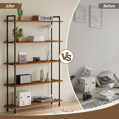 Industrial Bookshelf, Pipe Shelf Bookcase, 5 Tier, 48" Walnut | Solid pine shelves, 48 inch wide, black pipe frame, 50 lbs per shelf, open bookcase for books, plants, office - color: Walnut Brown, size: 48"L × 70"H