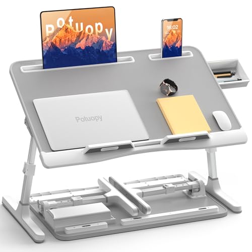 Potuopy Lap Desk, Adjustable Foldable Bed Laptop Tray Table, Large Easy-Clean Wood Grain Desktop with Storage Drawer, Portable Laptop Stand Fits 17" Laptop for Bed Couch Floor (Deep Grey) - color: Deep Grey