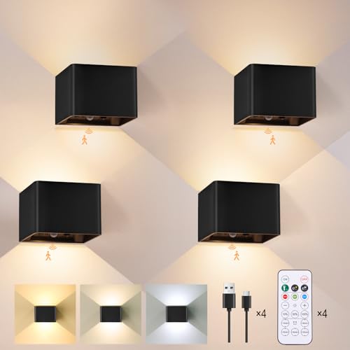 Yochoice Rechargeable Motion Sensor Wall Light, Battery Powered Wall Sconce | Touch&Remote Control, Magnetic, 3Colors&Dimmable, Large 6000mAh, Black 4 Pack Battery Operated Wall Lights for Bedroom, Stair - color: Black, size: 4-Pack
