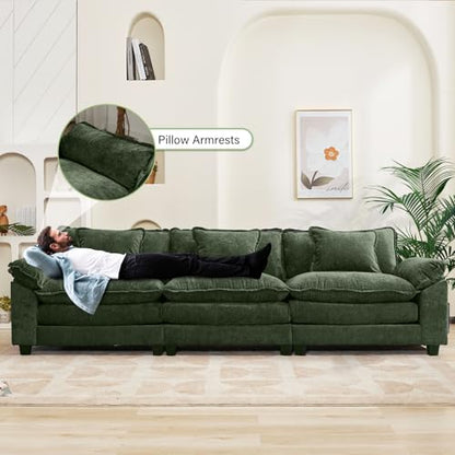 120" Modular Sectional Sofa, Comfy 3 Seater Deep Cloud Couch | Couches for Living Room, Modular Couch, Deep and Wide Seat, Chenille Sofa Sleeper with Throw Pillows, Green - color: Green, size: 120 Inch