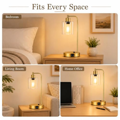 Industrial Touch Control Table Lamps Set of 2 - Gold Nightstand Bedside Lamps with 2 USB Ports & AC Outlet, 3-Way Dimmable Desk Lamp for Bedroom Living Room, Glass Shade & 2 LED Bulbs Included - color: Gold(2 Pack) - Clear Glass-Touch Control