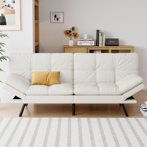 Futon Sofa Bed Convertible Couch, White Faux Leather Sofa Bed | Adjustable Backrest & Armrests, Multifunctional Small Loveseat Sleeper Sofa for Living Room, Apartment, Office, Foam Couch - color: A7 | White