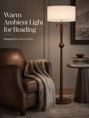 MOFFE Solid Wood Floor Lamp for Living Room,Pull Chains Standing Lamp | 62.8" Tall,17" White Drum Shade,Sculptural Wood Base & Stem,2-Light Design,Standing Lamp for Bedroom,2 Bulbs Included - color: Espresso Walnut