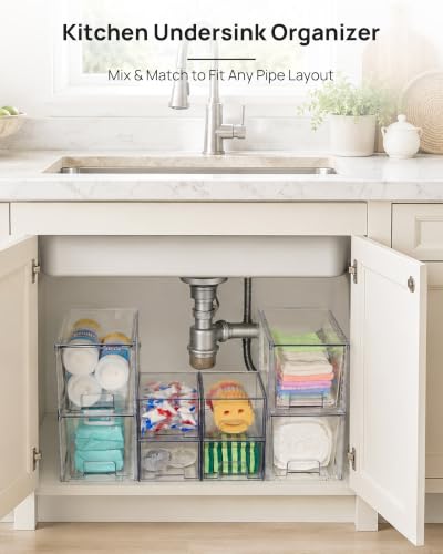 Vtopmart 8 Pack Clear Pull-Out Under Sink Organizer Set (4 Large & 4 Small) | Stackable Storage Drawers, Designed to Fit Bathroom & Kitchen, Under-Sink Organization