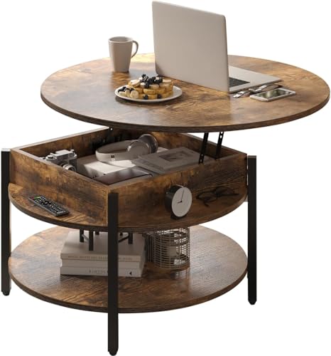 FABATO 26.77” Round Lift Top Coffee Table with Storage, Rustic Brown | Farmhouse Coffee Table, 2 Tier Small Round Center Table, Center Table for Living Room, Circle Dining Table - color: Rustic Brown