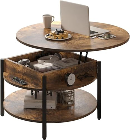 FABATO 26.77” Round Lift Top Coffee Table with Storage, Rustic Brown | Farmhouse Coffee Table, 2 Tier Small Round Center Table, Center Table for Living Room, Circle Dining Table - color: Rustic Brown
