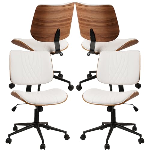 CLATINA Armless Home Office Chair, Desk Chair with Wheels, Adjustable Height Reading Chairs, Leather Mid Back & Swivel Computer Chairs, Modern Walnut with Back for Study Meeting Room(White) 4Pack - color: White Diamond-a, size: 4 Pack