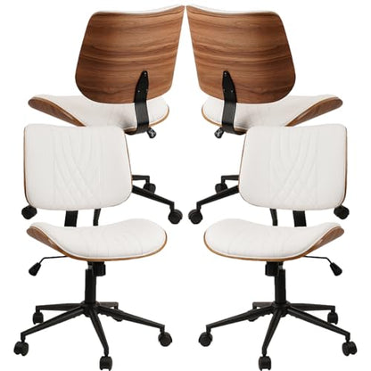 CLATINA Armless Home Office Chair, Desk Chair with Wheels, Adjustable Height Reading Chairs, Leather Mid Back & Swivel Computer Chairs, Modern Walnut with Back for Study Meeting Room(White) 4Pack - color: White Diamond-a, size: 4 Pack