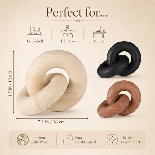 Novabright 3 Pcs Wood Knot Decor, Chain Link Decor, Rustic Home Décor Accents for Coffee Table, Modern Farmhouse Decorative Objects for Bookshelf, Entryway & Mantle, Natural, Black, Brown