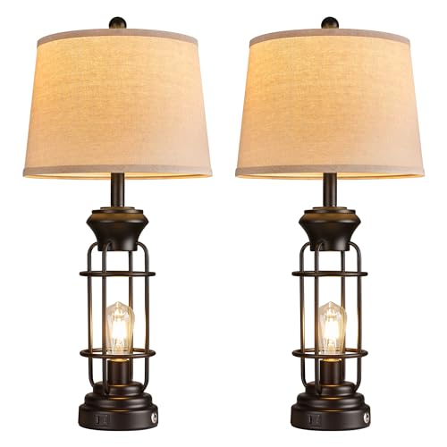Reaketon Table Lamp Set of 2 with USB Ports, 28" Tall Farmhouse Table Lamp with 2 Nightlight Bulbs,Touch Control Table Lamps for Bedroom, Rustic Bedside Lamp for End Tables,Bulbs Included,Black - color: Black