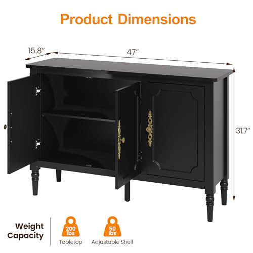 RoyalCraft Buffet Sideboard Cabinet with 3 Doors, Wooden Coffee Bar Credenza with Adjustable Shelves, Vintage Storage Cabinet for Kitchen Dining Entryway Living Room, Black - color: Black, style: 3 Doors