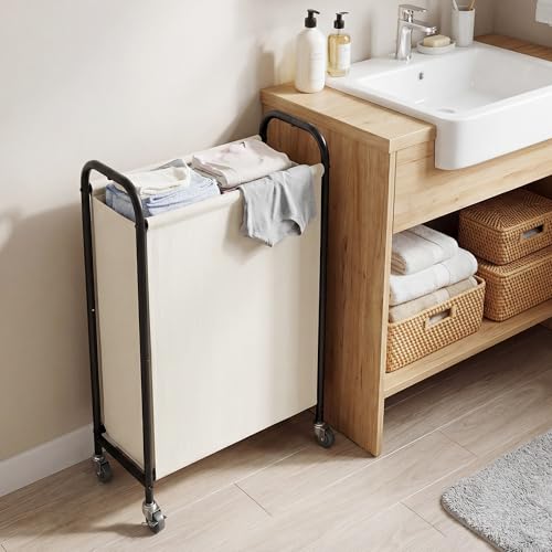 GRANNY SAYS Laundry Hamper, Slim Basket with Wheels and Handles, Beige, 80L | Heavy Duty Metal Frame, Silent Rolling Cart for Clothes in Bedroom, Bathroom, Dorm - color: Beige, size: 80L