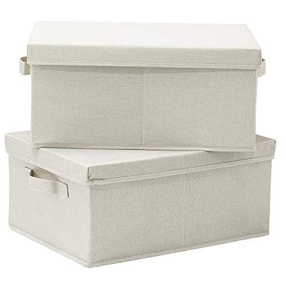 HOONEX Foldable Storage Bins with Lids, 2 Pack, Storage Boxes with Carrying Handles and Sturdy Heavy Cardboard, 16.5" L x 11.8" W x 7.5" H for Shoes, Books, Clothes, Beige - color: Beige