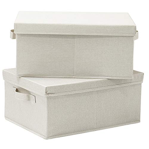 HOONEX Foldable Storage Bins with Lids, 2 Pack, Storage Boxes with Carrying Handles and Sturdy Heavy Cardboard, 16.5" L x 11.8" W x 7.5" H for Shoes, Books, Clothes, Beige - color: Beige
