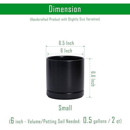 D'vine Dev 2-Pack Ceramic Pots with Saucers, Black, 6.5 in, 94-V-C-2 | Modern Cylinder Design, Glazed Ceramic, Drainage Hole & Saucer Included, High Temperature Fired, Elegant Home Accent - color: Black, size: 6 Inch