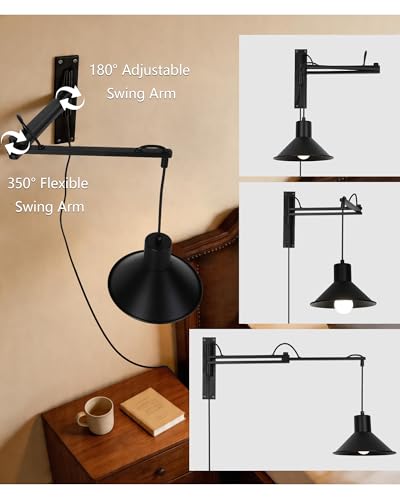 Plug in Wall Sconces, Swing Arm Wall Lamp with Dimmable Switch, Wall Sconce with Plug in Cord for Bedside Bedroom Nightstand Reading