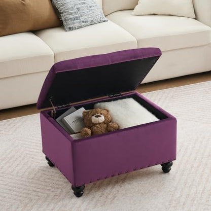 Zihanhome Velvet Storage Ottoman Bench, Button Tufted Ottoman with Hidden Storage, Upholstered Foot Rest Stool with Solid Wood Legs for Living Room, Bedroom, Entryway & Small Spaces (Purple) - color: Velvet-purple