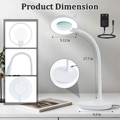 3X+6X Magnifying Glass with Light and Stand, Dimmable LED Magnifying Lamp | Flexible Gooseneck, Hands Free Magnifier, Magnification Lamp for Elderly Craft Hobby Painting Sewing Close Work,Weighted Base - color: White