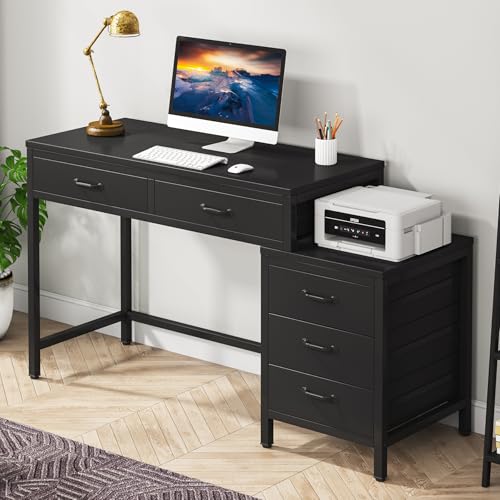 Tribesigns Computer Desk with 5 Drawers, Reversible Home Office Desks | Small Desk with Drawer Cabinet Printer Stand, PC Desk with Storage, Black Study Writing Table Workstation for Small Spaces - color: Black