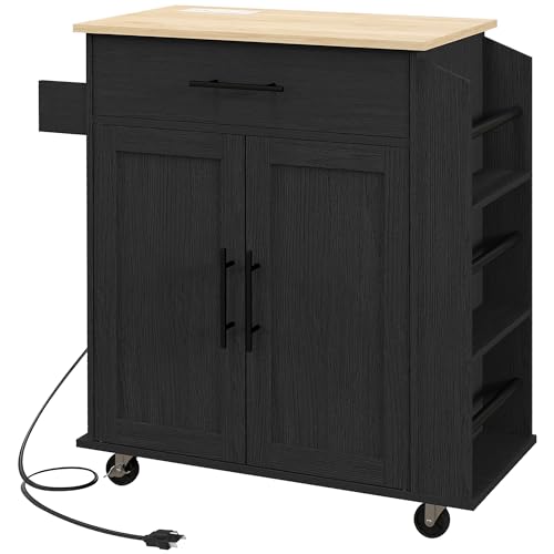 HOMCOM Kitchen Island with Storage Microwave Stand AC Outlets Black | USB Ports, Rolling Kitchen Cart, Towel Rack, Spice Rack - color: Black