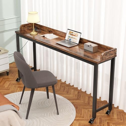 Ytaoka 70.8" Standing Desk with Charging Station, Extra Long Desk on Wheels for Standing and Sitting, Sofa Table Behind Couch with Power Outlets and USB Ports, Easy Assembly, Walnut - color: 70.86" Walnut
