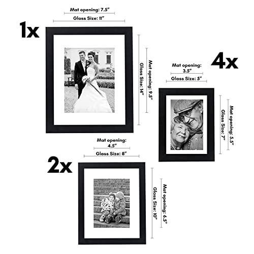 Americanflat Set of 7 Picture Frames with Shatter-Resistant Glass - Gallery Wall Frame Set with One 11x14, Two 8x10 and Four 5x7 Frames - Signature Collection - Black - color: Black with Mat, style: 7 Pack