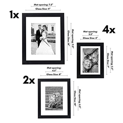 Americanflat Set of 7 Picture Frames with Shatter-Resistant Glass - Gallery Wall Frame Set with One 11x14, Two 8x10 and Four 5x7 Frames - Signature Collection - Black - color: Black with Mat, style: 7 Pack