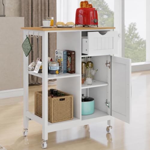 Small Kitchen Island Cart with Storage Cabinet | Rolling Microwave Table with Adjustable Shelf, Spice Rack, Towel Rack, Drawer, Portable for Kitchen Dining Room Home Bar
