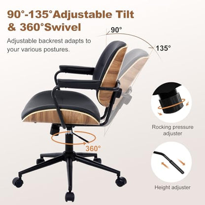 Mid Century Modern Office Chair with Armrest and Adjustable Backrest, Black | Wooden frame with armrests & adjustable backrest, swivel & height-adjustable, PU leather seat for home office comfort - color: Black