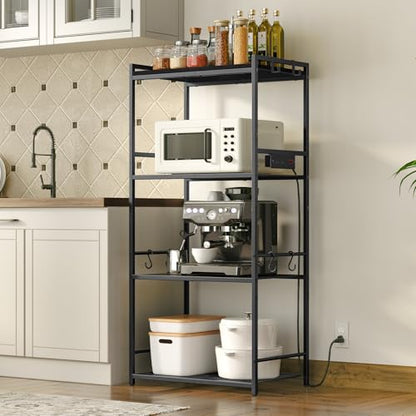 MAHANCRIS Bakers Rack with Power Outlet, Microwave Stand with Hooks, Multifunctional Storage Rack, Coffee Bar with Enclosure, Kitchen Storage Shelf, for Kitchen, Dining Room, Black BRHB40E01 - color: Black