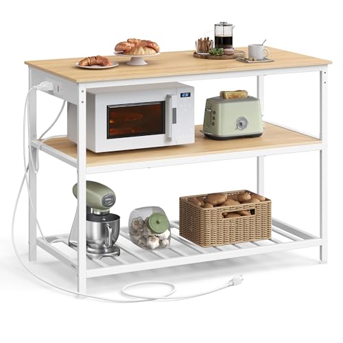VASAGLE Kitchen Island with 3 Shelves, Kitchen Shelf with Power Strip, 23.6 x 47.2 x 34.9 Inches, Large Worktop, Steel Structure, Industrial, Easy to Assemble, Oak Color and White UKKI101Y01 - color: Oak Color + White, size: 47.2"W x 34.9"H, style: with P