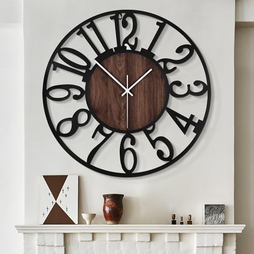 LEIKE Large Wall Clocks for Living Room,Silent,Non Ticking,Battery Operated Oversized Vintage Round Modern Wood Wall Clock for Bedroom,Farmhouse,Office Home Decor-24 Inch(Black-Arabic Number) - color: Black Wood-arabic Number, size: 24 IN