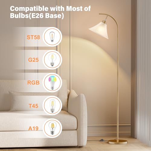 Gold Floor Lamp with Remote, Dimmable Glass Arc Standing Lamp, Ribbed Frosted Glass Shade, 3 Color Temperatures, Foot Switch, 9W LED Bulb for Living Room Bedroom Office - color: Gold