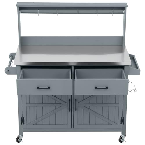 54.1" Outdoor Kitchen Island with High Shelf, Stainless Steel Top & Lockable Wheels, Solid Wood Grill Cart for BBQ, Potting Bench with Storage Cabinet & Adjustable Shelves (54.1" Grey Blue) - color: 54.1" Grey Blue