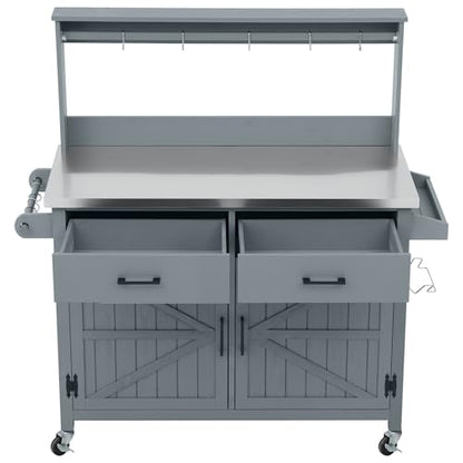 54.1" Outdoor Kitchen Island with High Shelf, Stainless Steel Top & Lockable Wheels, Solid Wood Grill Cart for BBQ, Potting Bench with Storage Cabinet & Adjustable Shelves (54.1" Grey Blue) - color: 54.1" Grey Blue