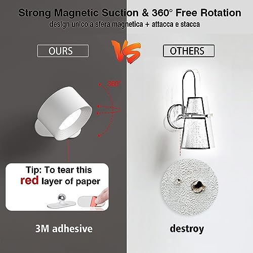 Deyagoo LED Wall Sconce, Rechargeable Wall Light with Remote-White | 3 Colors, Dimmable, Magnetic Rotating Head, 360 Degree Rotate - color: A-White