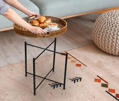 DINGTAI Brown Small Round End Table, 19in Rattan End Tables, Wicker Rattan Side Table, Round Sofa Side Table, Indoor Outdoor Side Tables for Patio, Living Room Bedroom Office