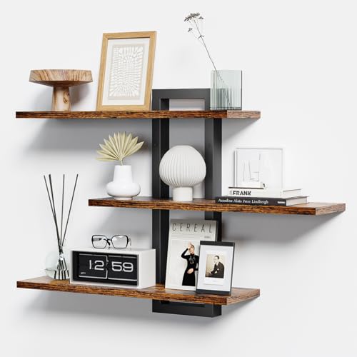 Floating Shelves for Wall, Wood Wall Shelves for Bathroom | 3 Tier Shelves for Wall Decor, Decorative Hanging Storage Shelf for Bedroom Kitchen Living Room, Rustic Brown and Black - color: Rustic Brown and Black