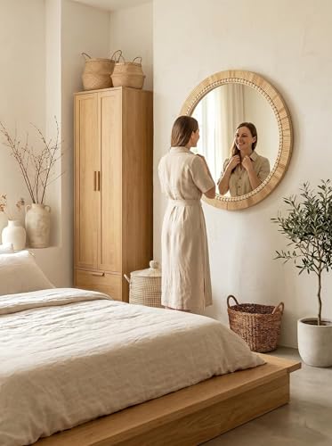 OYPEIP 24 Inch Round Natural Rattan Wall Mirror, Boho Decorative Mirror with White Beads, Rustic Farmhouse Circle Mirror for Living Room, Entryway, Bathroom, Bedroom