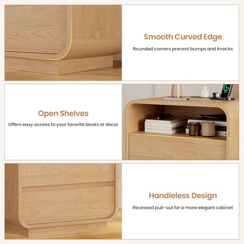HAUOMS 23.6" Wide Wood Bedside Table, Curved Profile Design, Natural Oak | Charging Station, 2 Storage Drawers, 25" Tall Nightstand, Large Mid Century End Table, Bedroom/Living Room, Easy Assembly - color: Natural Oak